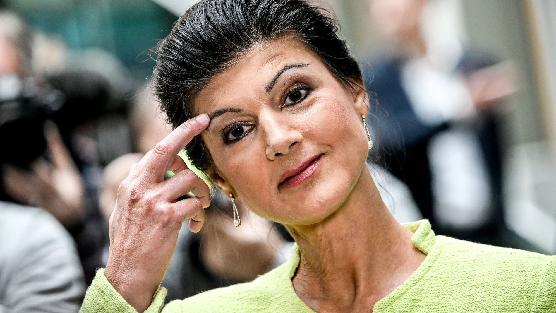 German left-wing politician Sahra Wagenknecht talks to the media after presenting plans for a new political project called 'Alliance Sahra Wagenknecht' in Berlin, Germany, 23 October 2023