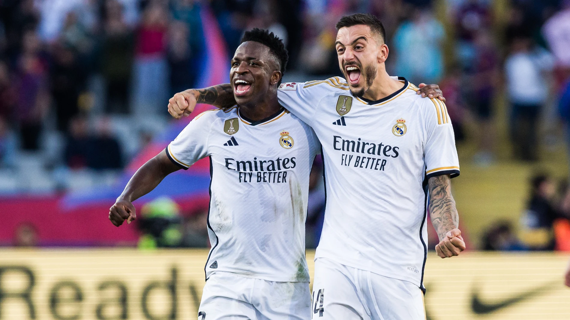 Vinicius Junior and Joselu Mato of Real Madrid celebrates the victory during the Spanish league, La Liga EA Sports, football match played between FC Barcelona and Real Madrid at Estadi Olimpic on October 28, 2023 in Barcelona, Spain. AFP7 28/10/2023 ONLY FOR USE IN SPAIN
