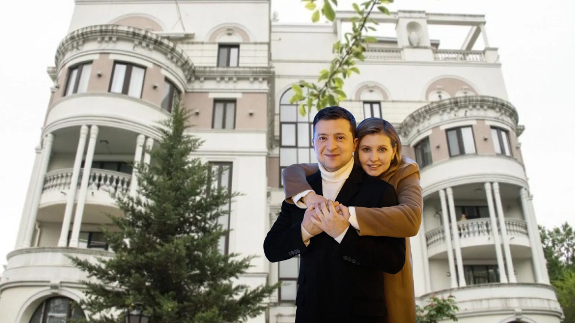 El matrimonio Zelenski y, de fondo, el edificio de Crimea en el que poseían un apartamento