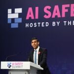 British Prime Minister Rishi Sunak speaks during a news conference on day two of the AI Safety Summit 2023 at Bletchley Park, Milton Keynes, Britain, 02 November 2023. 