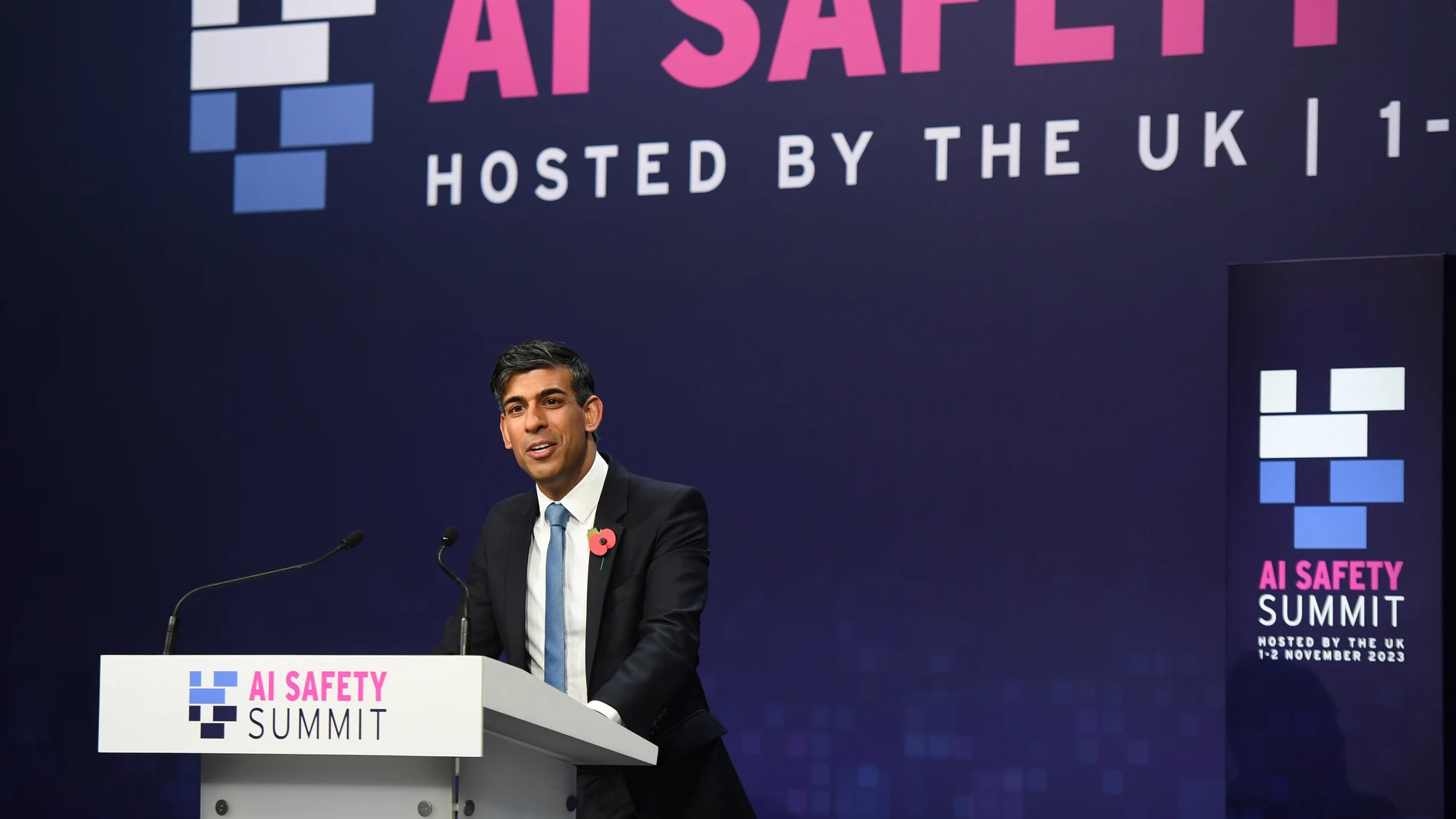 British Prime Minister Rishi Sunak speaks during a news conference on day two of the AI Safety Summit 2023 at Bletchley Park, Milton Keynes, Britain, 02 November 2023. 