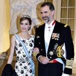 Queen Letizia and King Felipe VI of Spain arrive for a gala dinner to celebrate Danish Queen Margrethe's 75th birthday at Christiansborg Palace in Copenhagen, Wednesday April 15, 2015. 