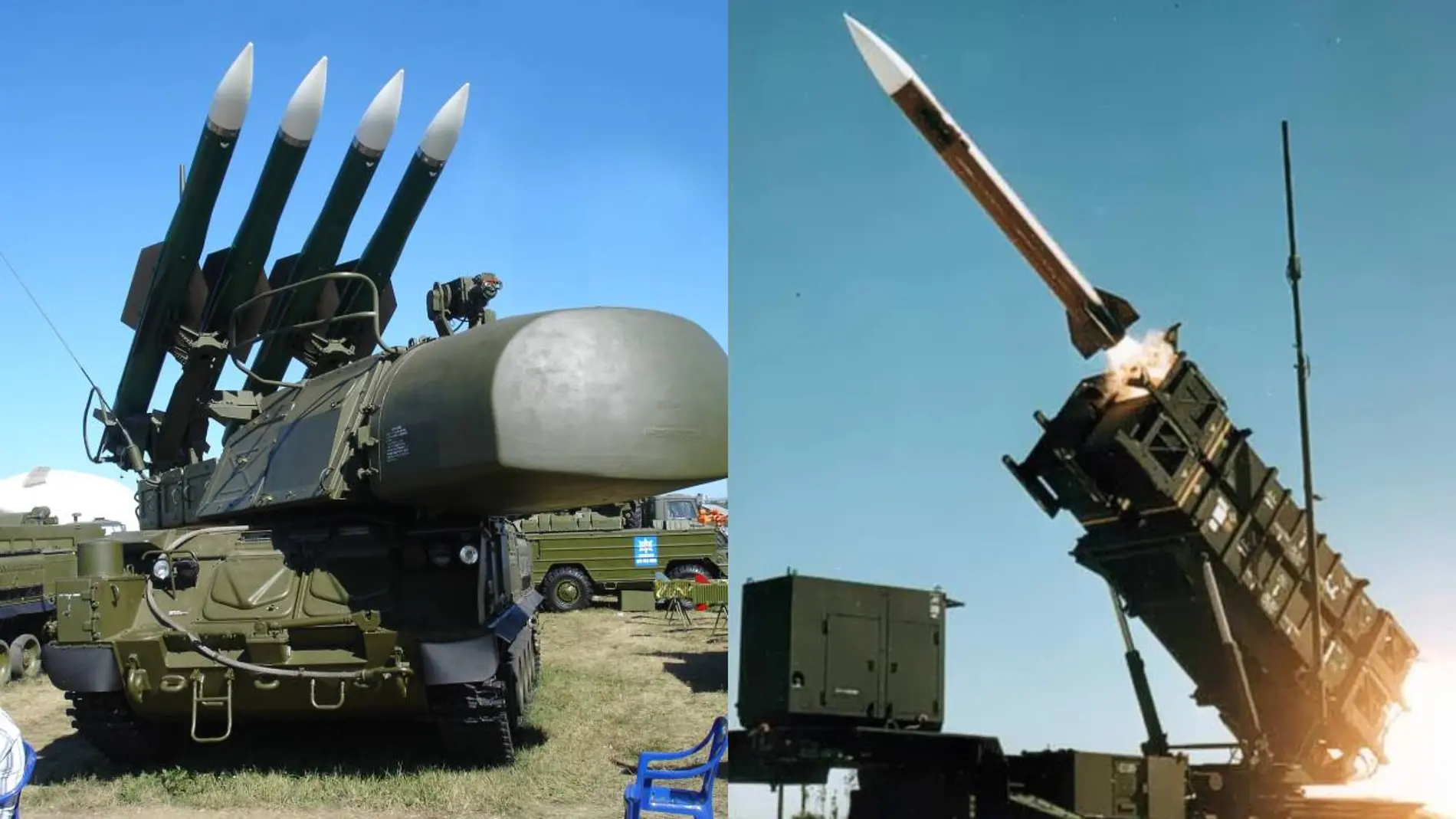 A la izquierda, un sistema SAM soviético Buk-M1. A la derecha, lanzamiento de un misil Patriot estadounidense.