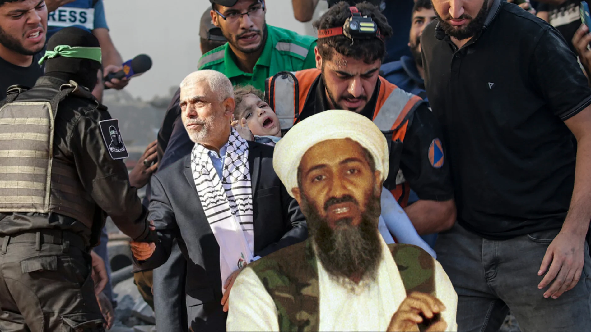 Osama Bin Laden, en primer plano; el líder Hamás, Yahya Sinwar, y una imagen de la guerra de fondo