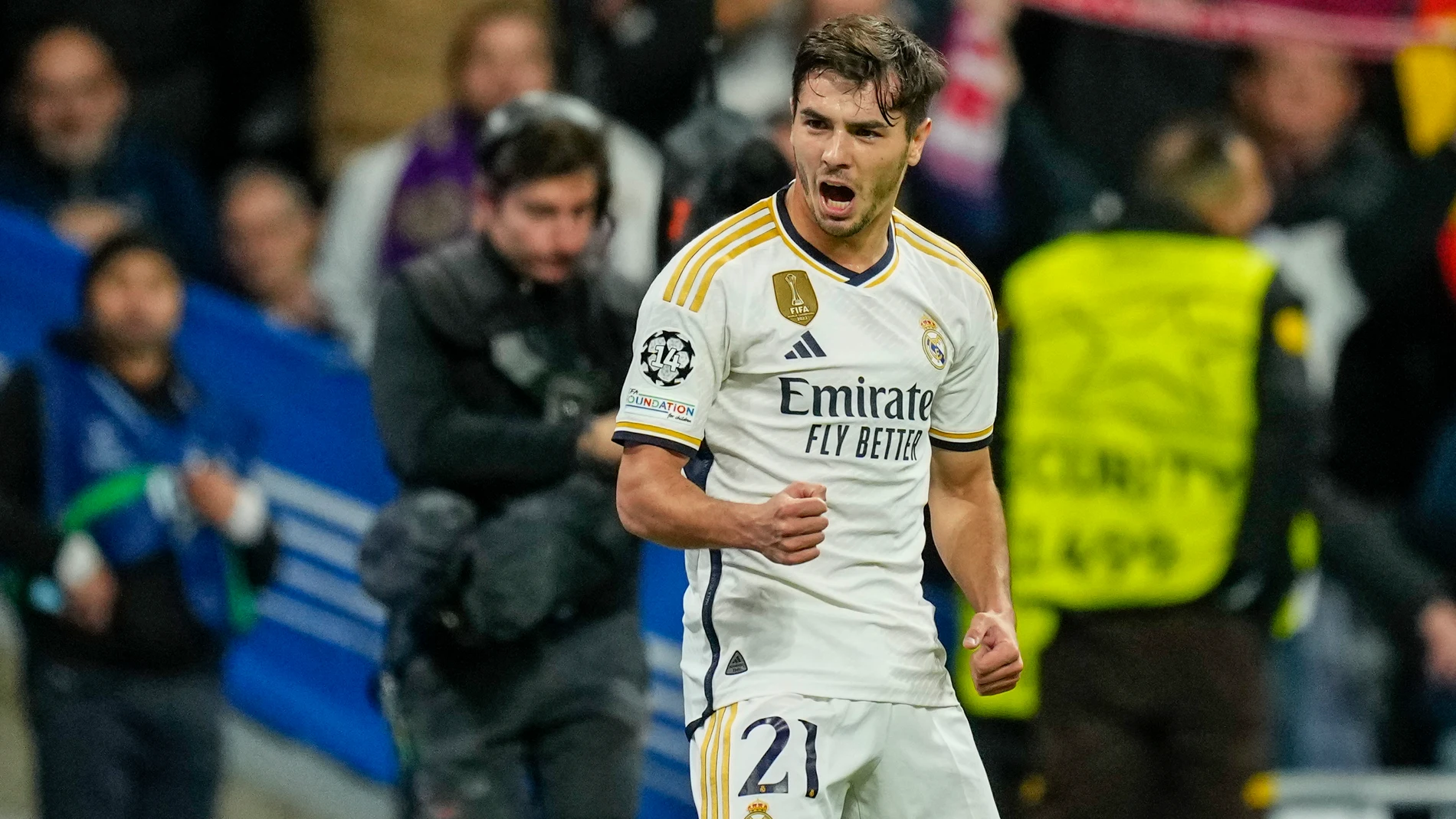 Real Madrid's Brahim Diaz celebrates after scoring his side's opening goal during the Champions League Group C soccer match between Real Madrid and Braga at the Santiago Bernabeu stadium in Madrid, Spain, Wednesday, Nov. 8, 2023. (AP Photo/Jose Breton)