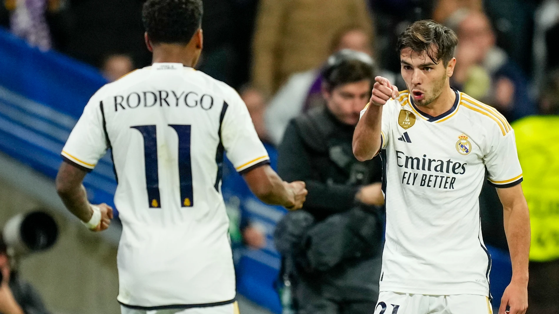 Real Madrid's Brahim Diaz, right, celebrates with Real Madrid's Rodrygo after scoring his side's opening goal during the Champions League Group C soccer match between Real Madrid and Braga at the Santiago Bernabeu stadium in Madrid, Spain, Wednesday, Nov. 8, 2023. (AP Photo/Jose Breton)