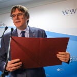 Carles Puigdemont gives a press conference in Brussels