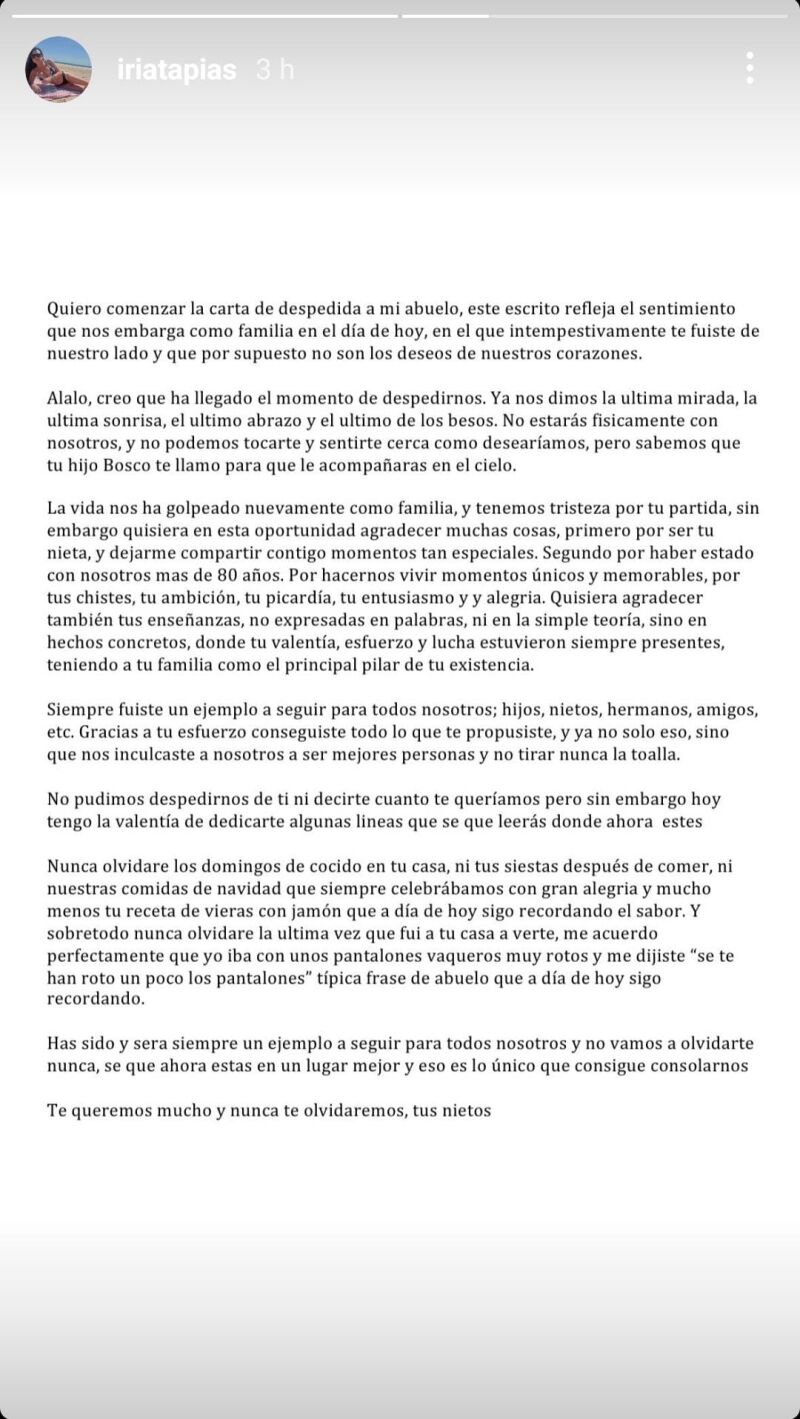 La carta de despedida de Iria a su abuelo Fernando Fernández Tapias.