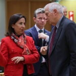 Spanish Acting Defense Minister Margarita Robles (L) and High Representative of the European Union for Foreign Affairs and Security Policy Josep Borrell at the start of a European Defence ministers council meeting in Brussels, Belgium.