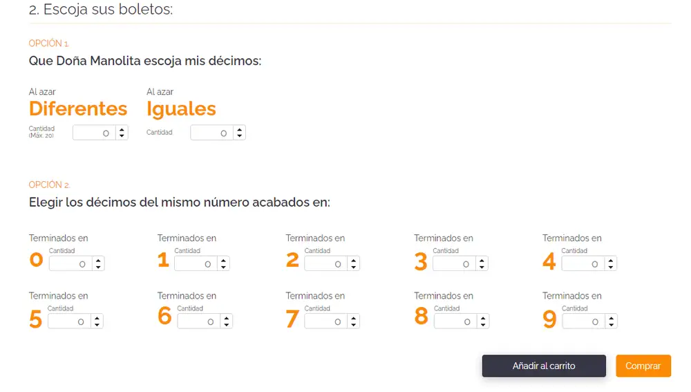 Captura de pantalla con las opciones de venta de la administración online de Doña Manolita