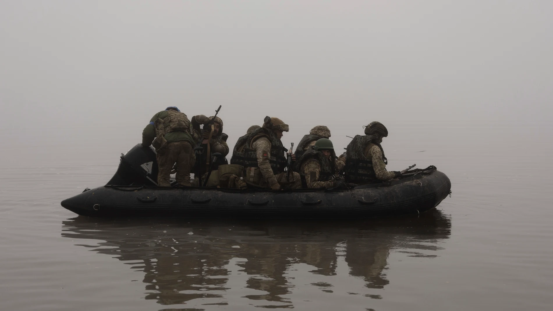 FILE - Ukrainian marines sail along the Dnipro river at the frontline near Kherson, Ukraine, Saturday, Oct. 14, 2023. A top Ukrainian official said on Wednesday, Nov. 15, 2023, its troops have established a beachhead on the eastern bank of the Dnieper River near Kherson, an important advance in bridging one of Russia's most significant strategic barriers in the war. (AP Photo/Alex Babenko, File)