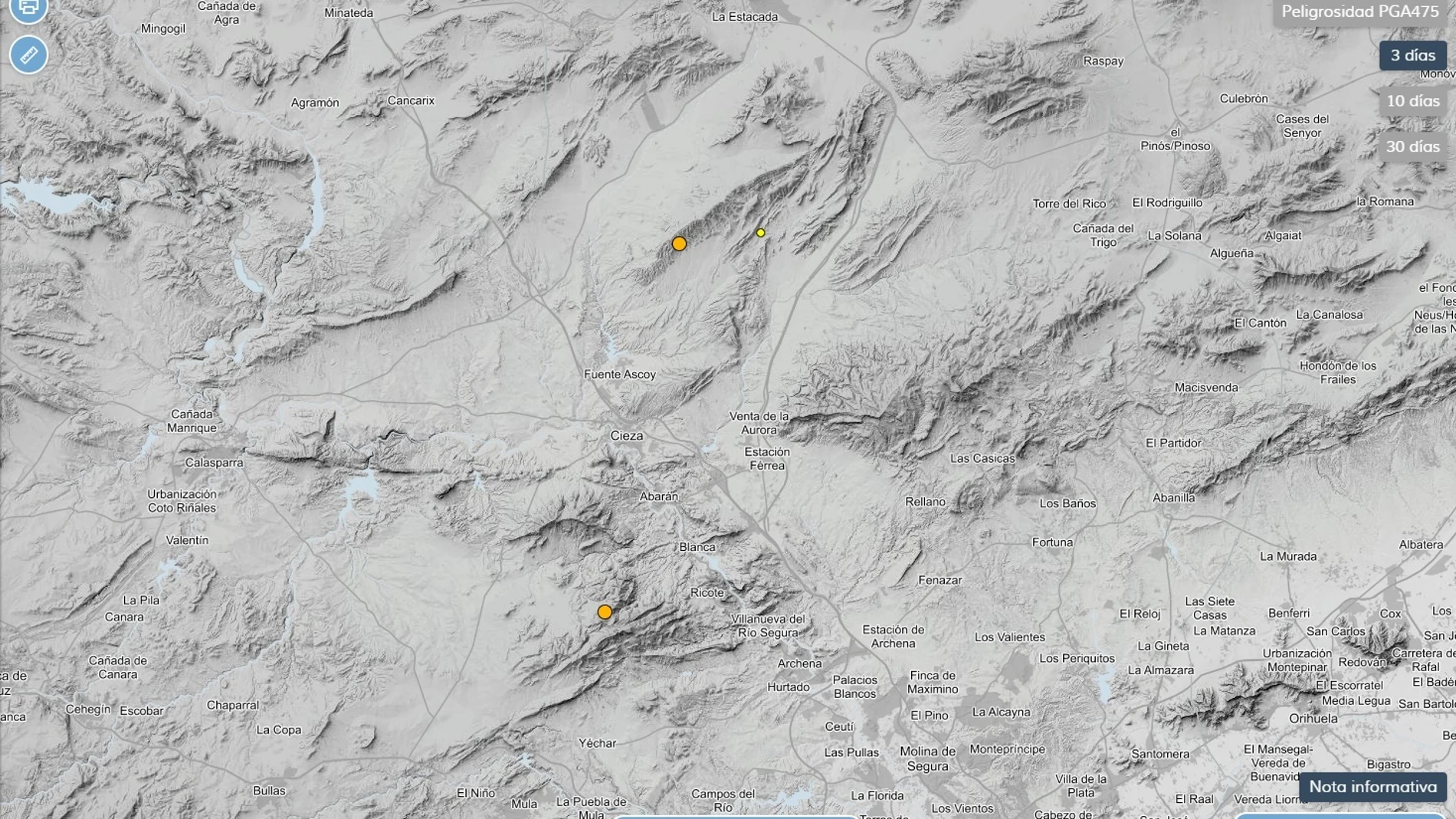 Mapa que muestra la localización exacta de los tres terremotos INSTITUTO GEOGRÁFICO NACIONAL 15/11/2023