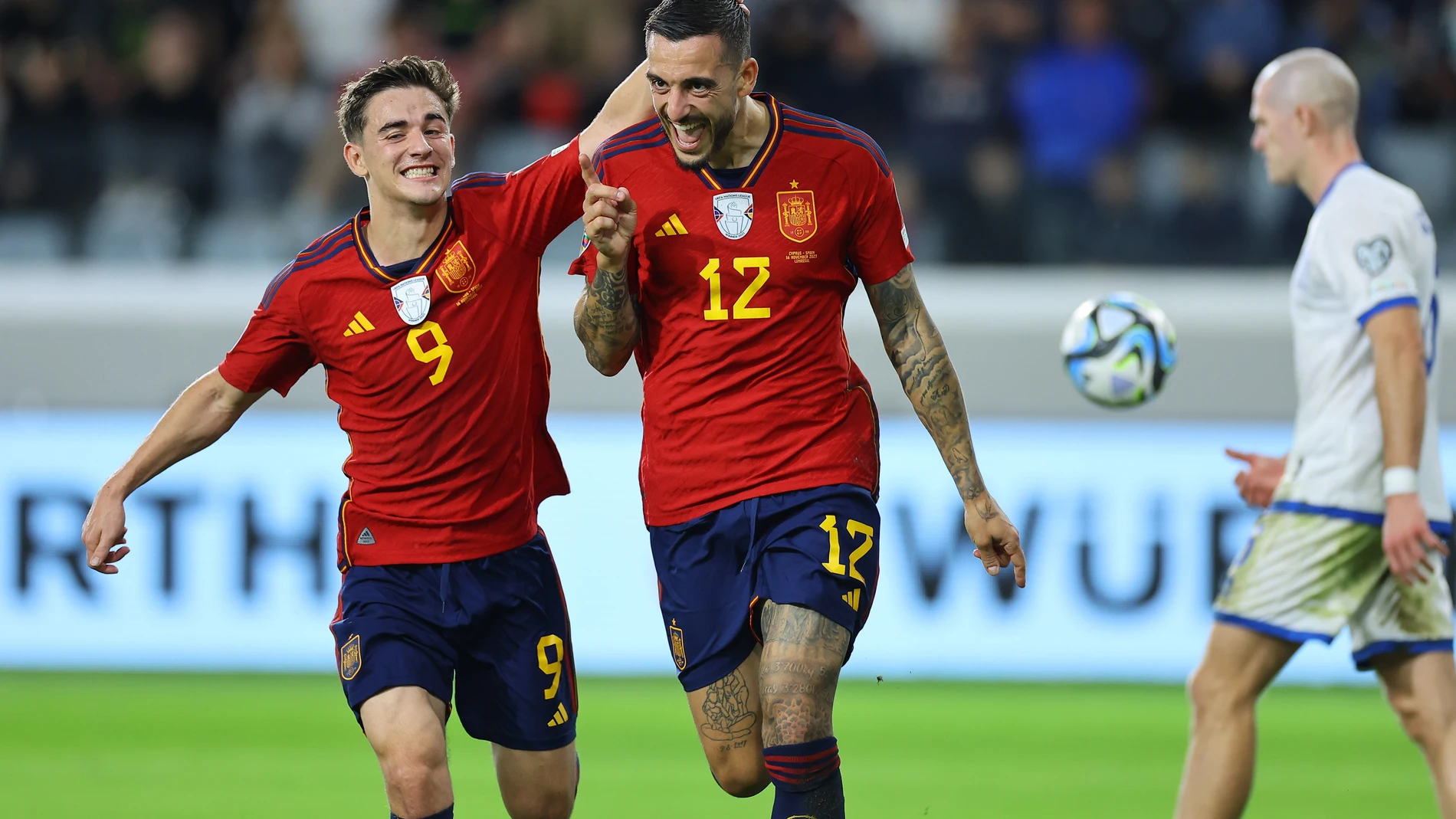 Limassol (Cyprus), 16/11/2023.- Joselu (C) of Spain celebrates after scoring the 0-3 goal during the UEFA EURO 2024 Group A qualification match between Cyprus and Spain in Limassol, Cyprus, 16 November 2023. (Chipre, España) EFE/EPA/STR 
