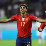 Lamine Yamal of Spain celebrates scoring the 0-1 goal during the UEFA EURO 2024 Group A qualification match between Cyprus and Spain in Limassol, Cyprus, 16 November 2023. 