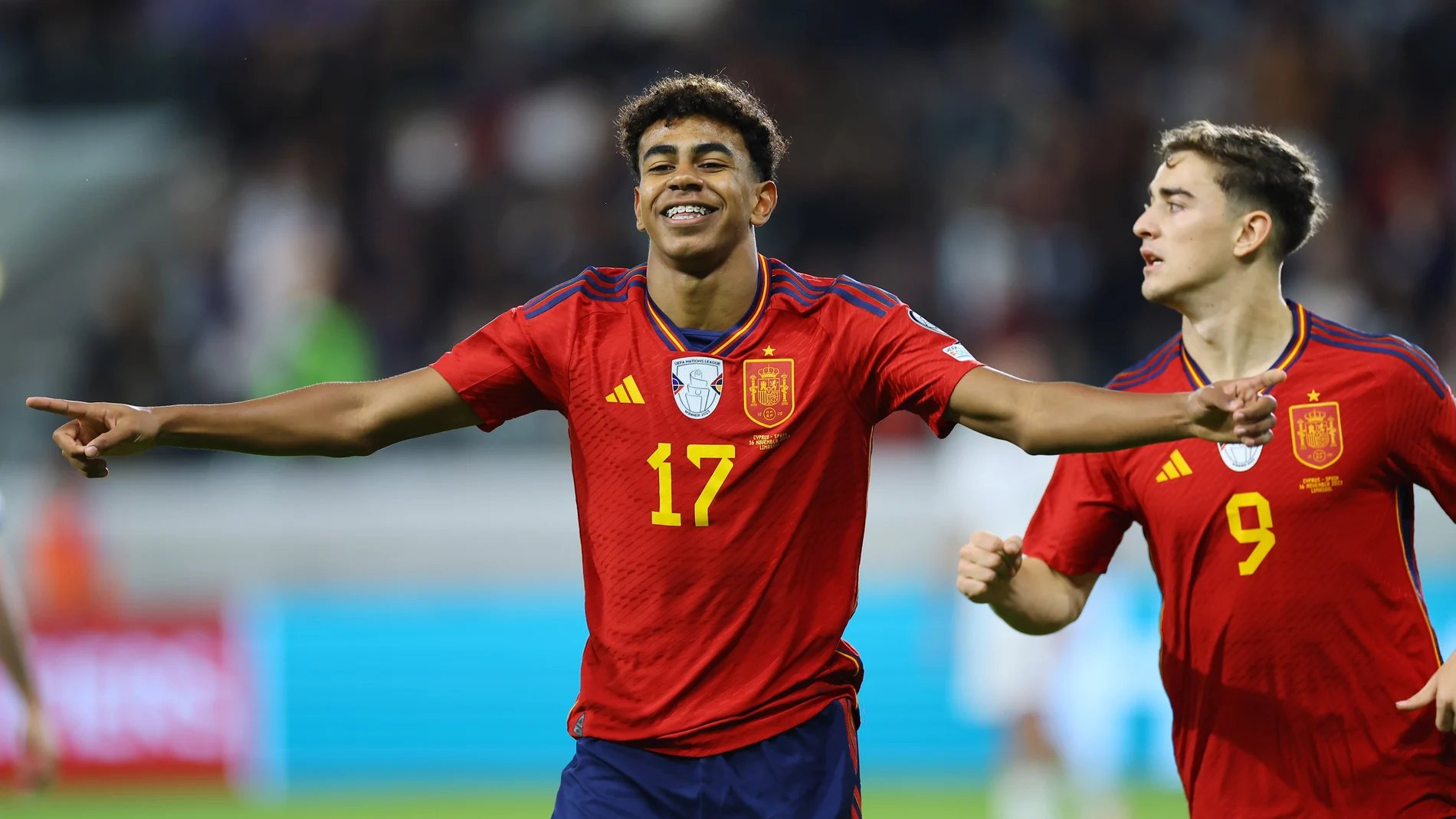 Lamine Yamal of Spain celebrates scoring the 0-1 goal during the UEFA EURO 2024 Group A qualification match between Cyprus and Spain in Limassol, Cyprus, 16 November 2023.