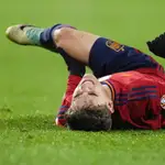 Spain&#39;s Gavi Paez reacts after injuring his leg during the Euro 2024 group A qualifying soccer match between Spain and Georgia at Jose Zorrilla Stadium in Valladolid, Spain, Sunday, Nov. 19 23, 2023. 