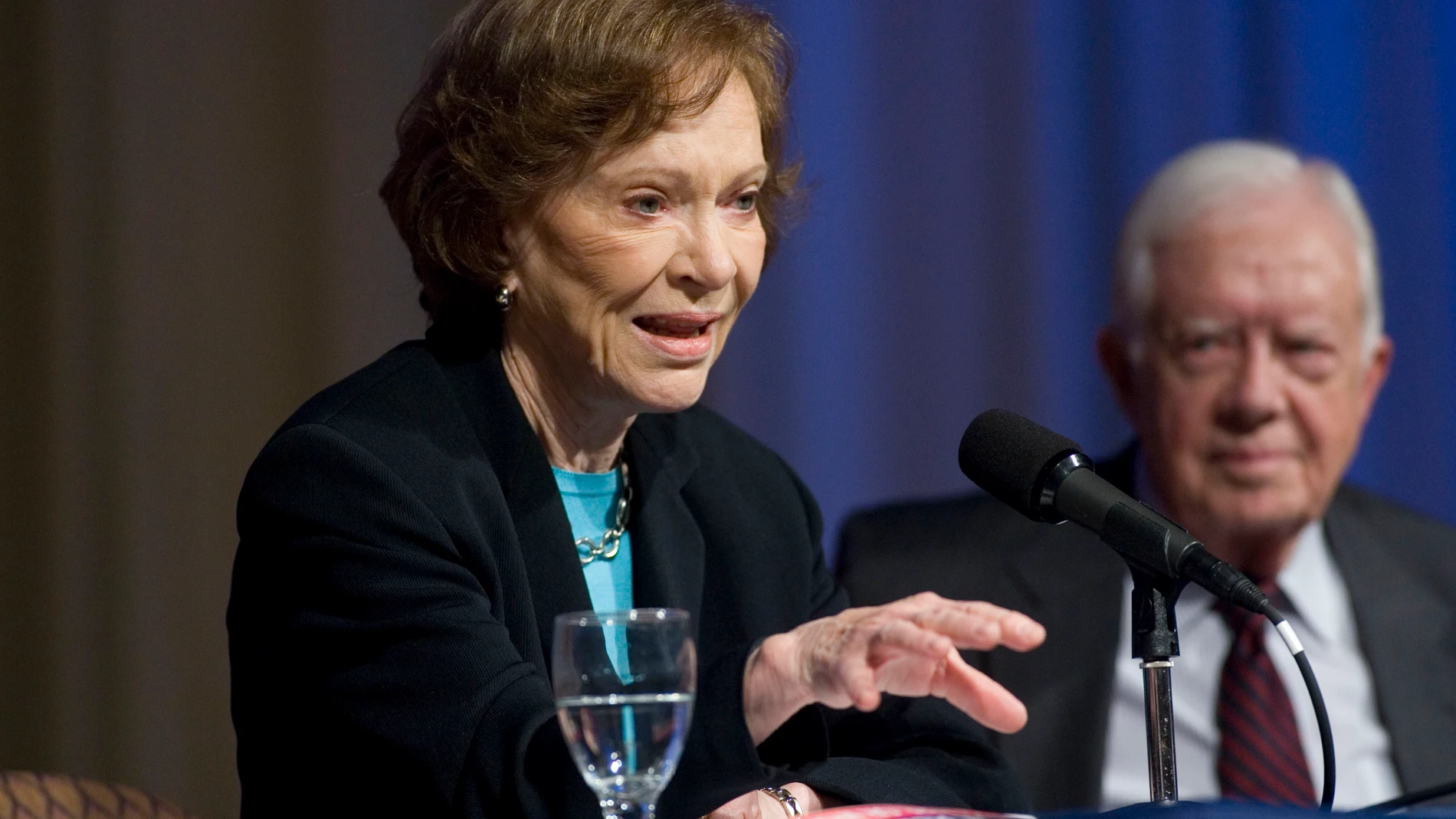 FILE Rosalynn Carter, left, and her husband former President Jimmy Carter update donors about current activities of the Carter Center in Atlanta, April 23, 2010. Rosalynn Carter, the closest adviser to Jimmy Carter during his one term as U.S. president and their four decades thereafter as global humanitarians, has died at the age of 96. The Carter Center said she died Sunday, Nov. 19, 2023. (AP Photo/John Amis, File)