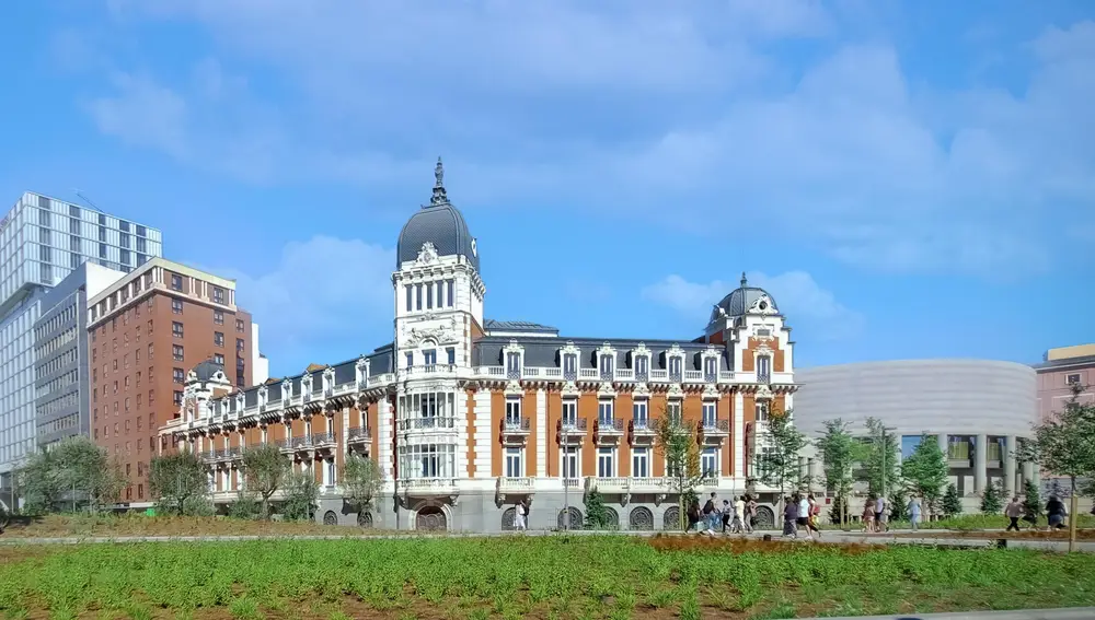 El edificio hace chaflán entre Plaza de España y Bailén