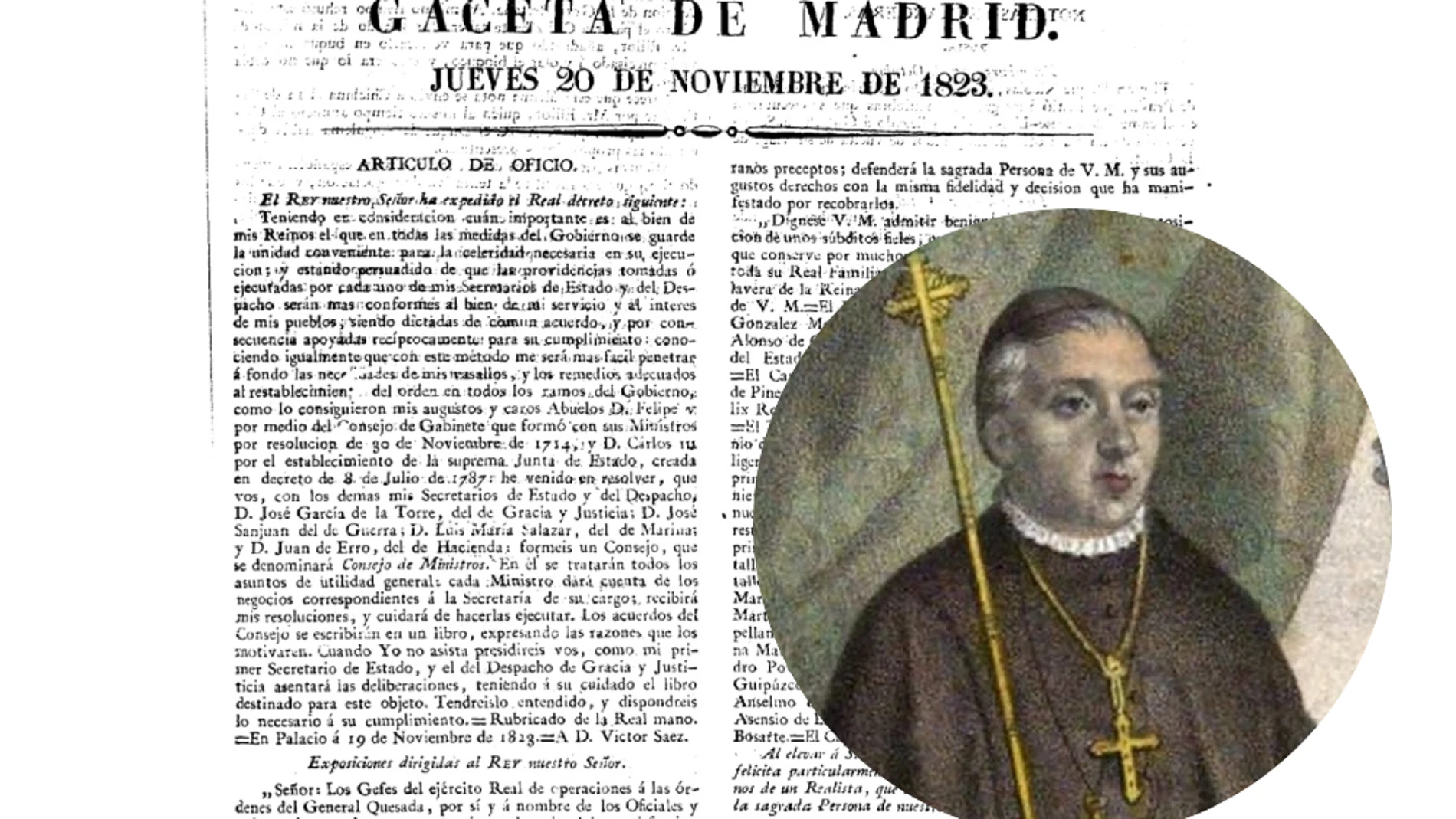 Arriba, Damián Sáez Sánchez , obispo del Rey; a la izda., el Real Decreto