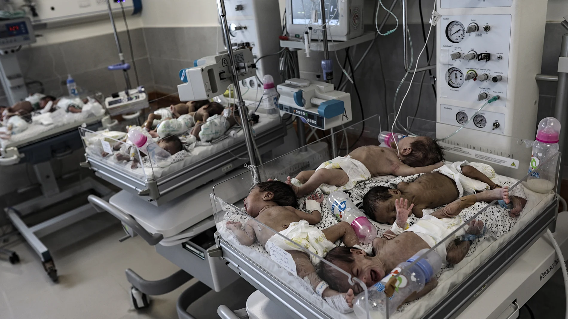 Premature babies evacuated from Gaza'Äôs Al-Shifa hospital, at the Emirates Crescent Hospital in Rafah, southern Gaza, 20 November 2023. 