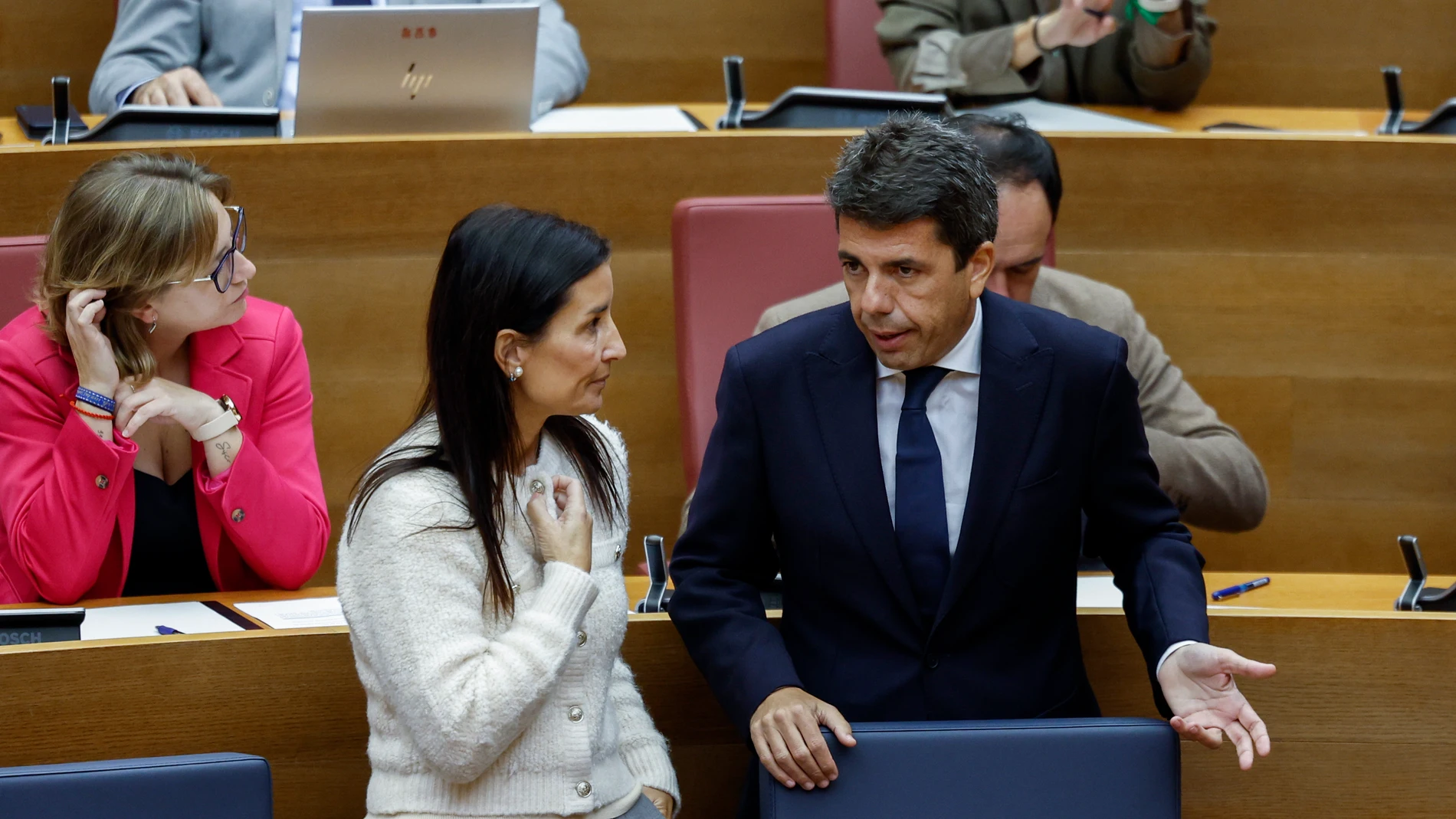 El presidente de la Generalitat valenciana, Carlos Mazón, y la consellera de Hacienda, Ruth Merino, hoy en Les Corts