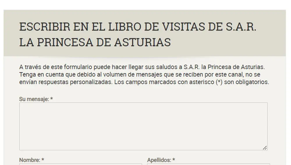 Imagen del formulario en Casa Real para hablar con la princesa Leonor