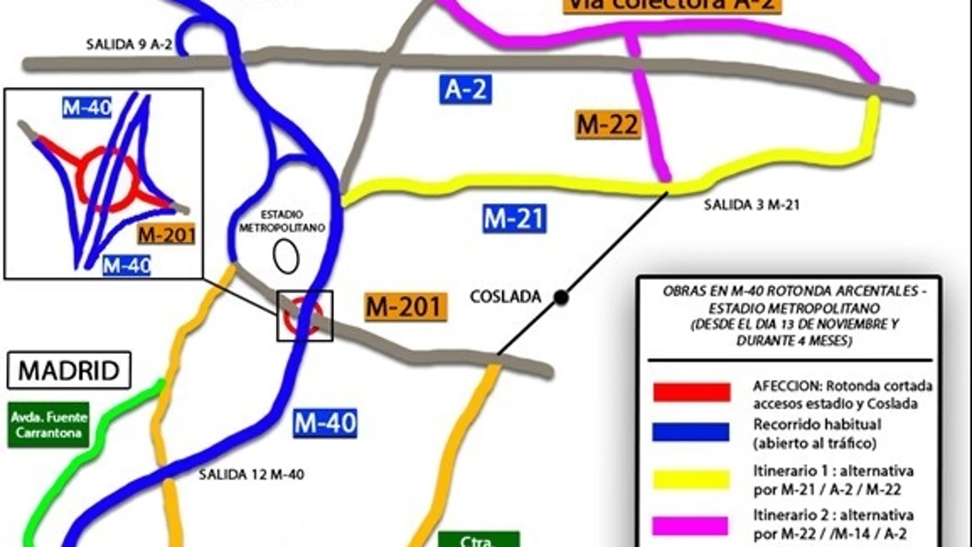 Corte de tráfico en un tramo de un kilómetro de la M-40 desde esta madrugada por las obras de acceso al MetropolitanoDGT27/11/2023