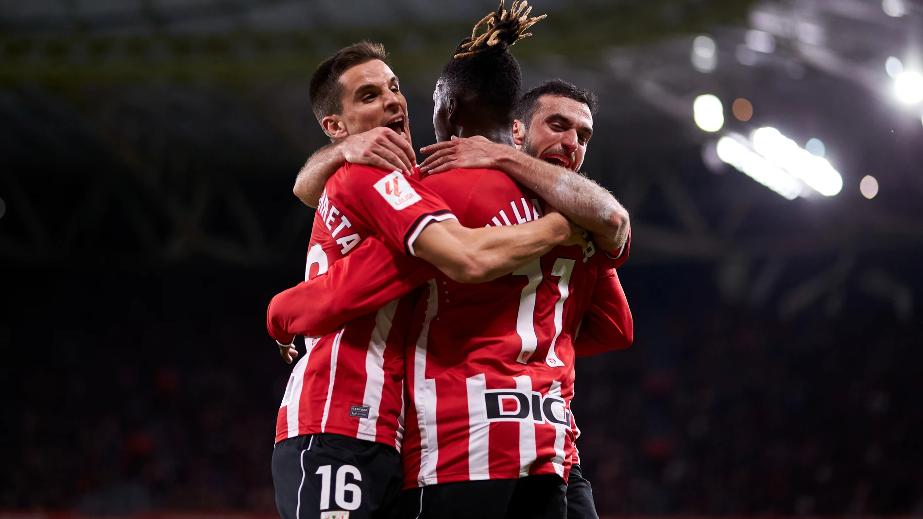 Nico Williams and Inigo Ruiz de Galarreta of Athletic Club reacts after scoring goal during the LaLiga EA Sports match between Athletic Club and Rayo Vallecano at San Mames on December 2, 2023, in Bilbao, Spain.AFP7 02/12/2023 ONLY FOR USE IN SPAIN