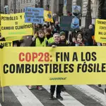 Manifestación que ha tenido lugar este domingo por las calles de Madrid para exigir "el fin a los combustibles fósiles y para demandar al Gobierno mayor ambición climática", con motivo de la celebración de la Conferencia de las Partes (CoP 28) en Dubái. 