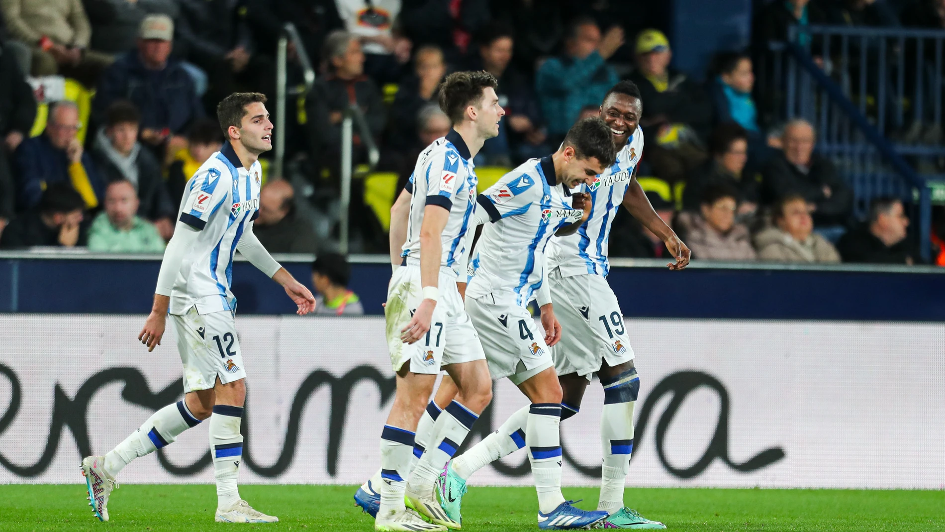 Martin Zubimendi of Real Sociedad celebrates a goal with teammates during the spanish league, La Liga EA Sports, football match played between Villarreal CF and Real Sociedad at Estadio de la Ceramica on December 6, 2023, in Villarreal, Spain.AFP7 09/12/2023 ONLY FOR USE IN SPAIN