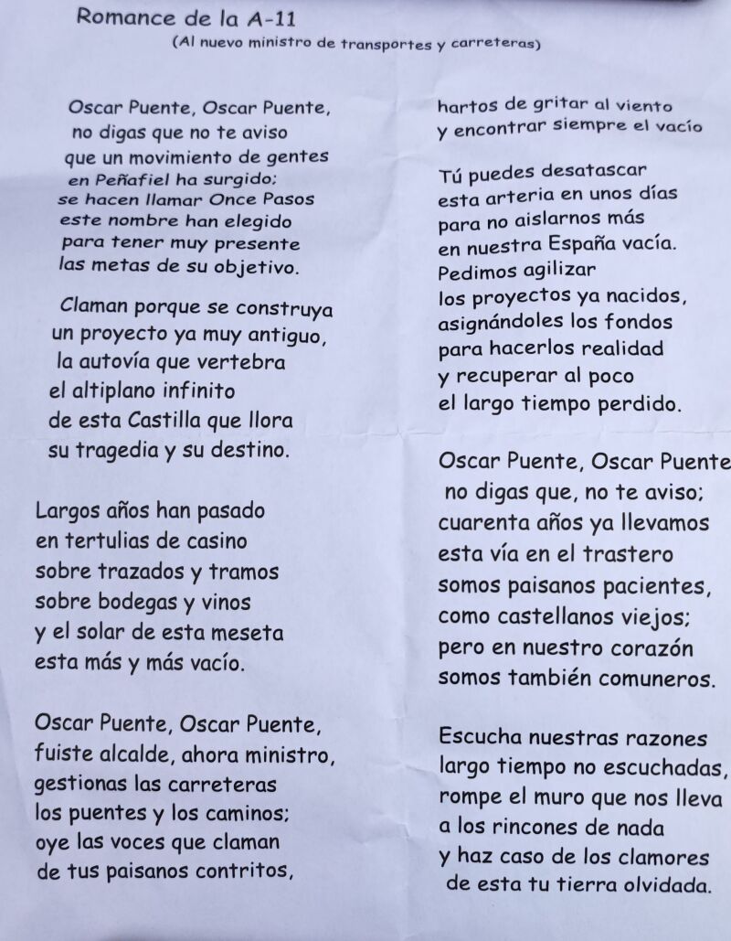 Romance de la plataforma A-11Pasos dirigido al nuevo ministro Óscar Puente