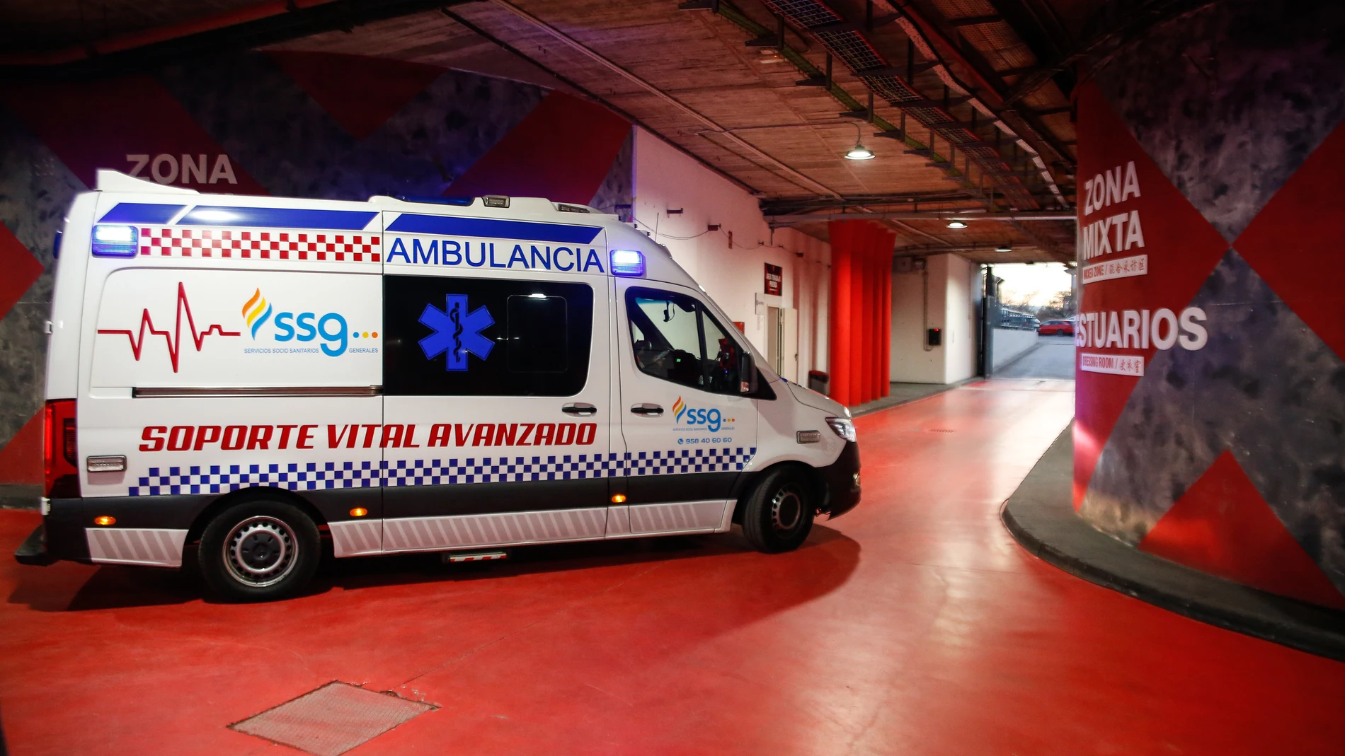 An ambulance leaves the stadium after LaLiga decided to cancel the match due a fan died of a heart attack during the Spanish league, La Liga EA Sports, football match played between Granada CF and Athletic Club at Nuevo Los Carmenes stadium on December 10, 2023, in Granada, Spain. AFP7 10/12/2023 ONLY FOR USE IN SPAIN
