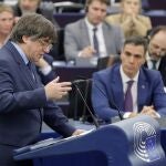 Former Catalan regional premier Carles Puigdemont speaks during a debate on 'Review of the Spanish Presidency of the Council' at the European Parliament in Strasbourg, France, 13 December 2023. 