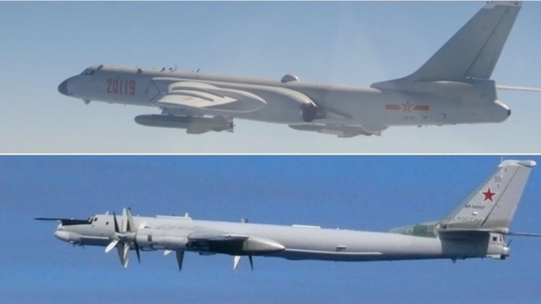 Bombardero H-6 chino y un avión militar ruso TU-95