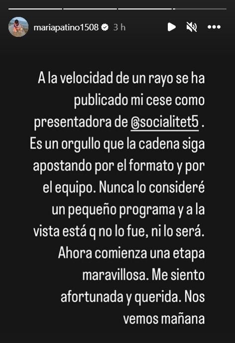 María Patiño confirma su despido como presentadora de &quot;Socialité&quot;