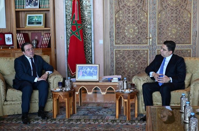 Spanish Foreign Minister Jose Manuel Albares (L) attends a meeting with Morocco's Foreign Minister Nasser Bourita (R) at the Foreign Ministry building in Rabat, Morocco.