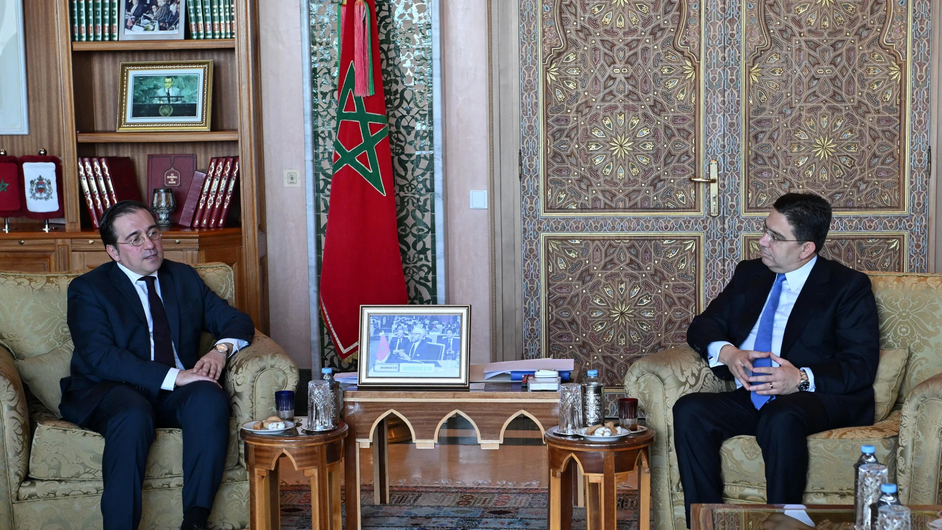 Spanish Foreign Minister Jose Manuel Albares (L) attends a meeting with Morocco's Foreign Minister Nasser Bourita (R) at the Foreign Ministry building in Rabat, Morocco.
