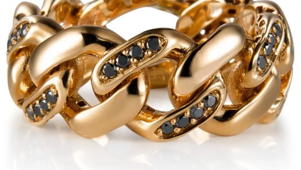 Sortija barbada "Link" de oro rosa con diamantes negros
