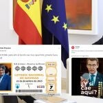 Montaje de los mensajes de PP y PSOE en X junto a una foto de una reunión entre Feijóo y Sánchez