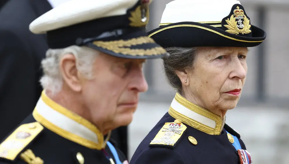 Britain's King Charles III and Princess Anne attend the state funeral of Queen Elizabeth II, at the Westminster Abbey in London Monday, Sept. 19, 2022