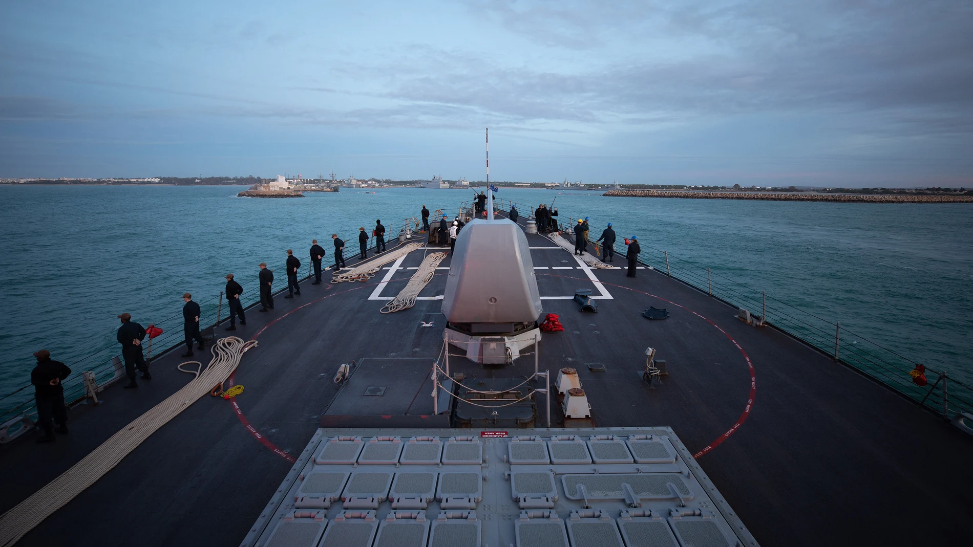 December 8, 2023 - Rota, Spain - The Arleigh Burke-class guided-missile destroyer USS Laboon (DDG 58) arrives in Rota, Spain, December. 8, 2023. Laboon is on a scheduled deployment in the U.S. Naval Forces Europe area of operations, employed by the U.S. 6th Fleet to defend U.S., Allied and partner interests. 08/12/2023