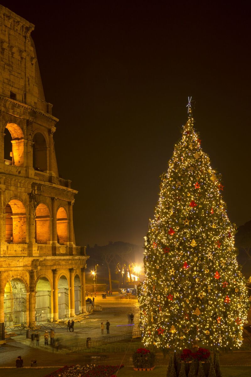 El Coliseo romano y un arbol de navidad. Roma en Navidad