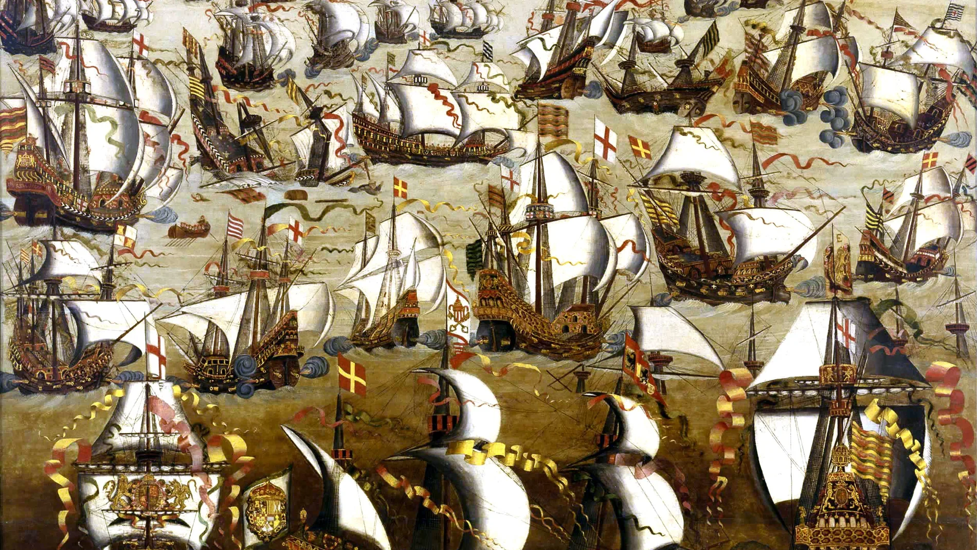 Pintura anónima que representa a la Gran Armada enfrentándose a la flota inglesa y que bien podría recoger el triunfo de la misma ese alternativo 6 de agosto de 1588.