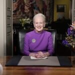 Queen Margrethe II smiles as she delivers her New Year's speech and announces her abdication, Copenhagen, Denmark 31 December 2023.