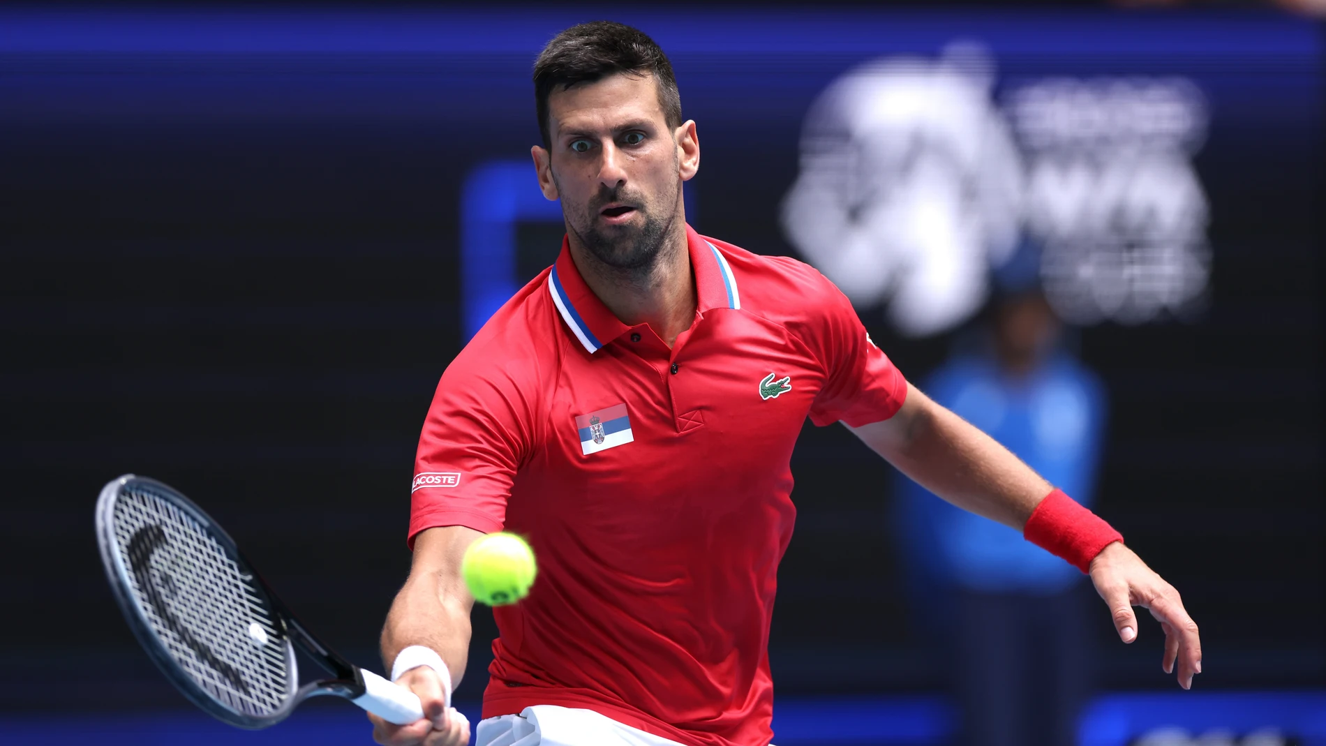 Novak Djokovic of Serbia in action against Jiri Lehecka of the Czech Republic during their group stage match of the 2024 United Cup at RAC Arena in Perth, Tuesday, January 2, 2024. (AAP Image/Richard Wainwright) NO ARCHIVING, EDITORIAL USE ONLY AAPIMAGE / DPA 02/01/2024 ONLY FOR USE IN SPAIN