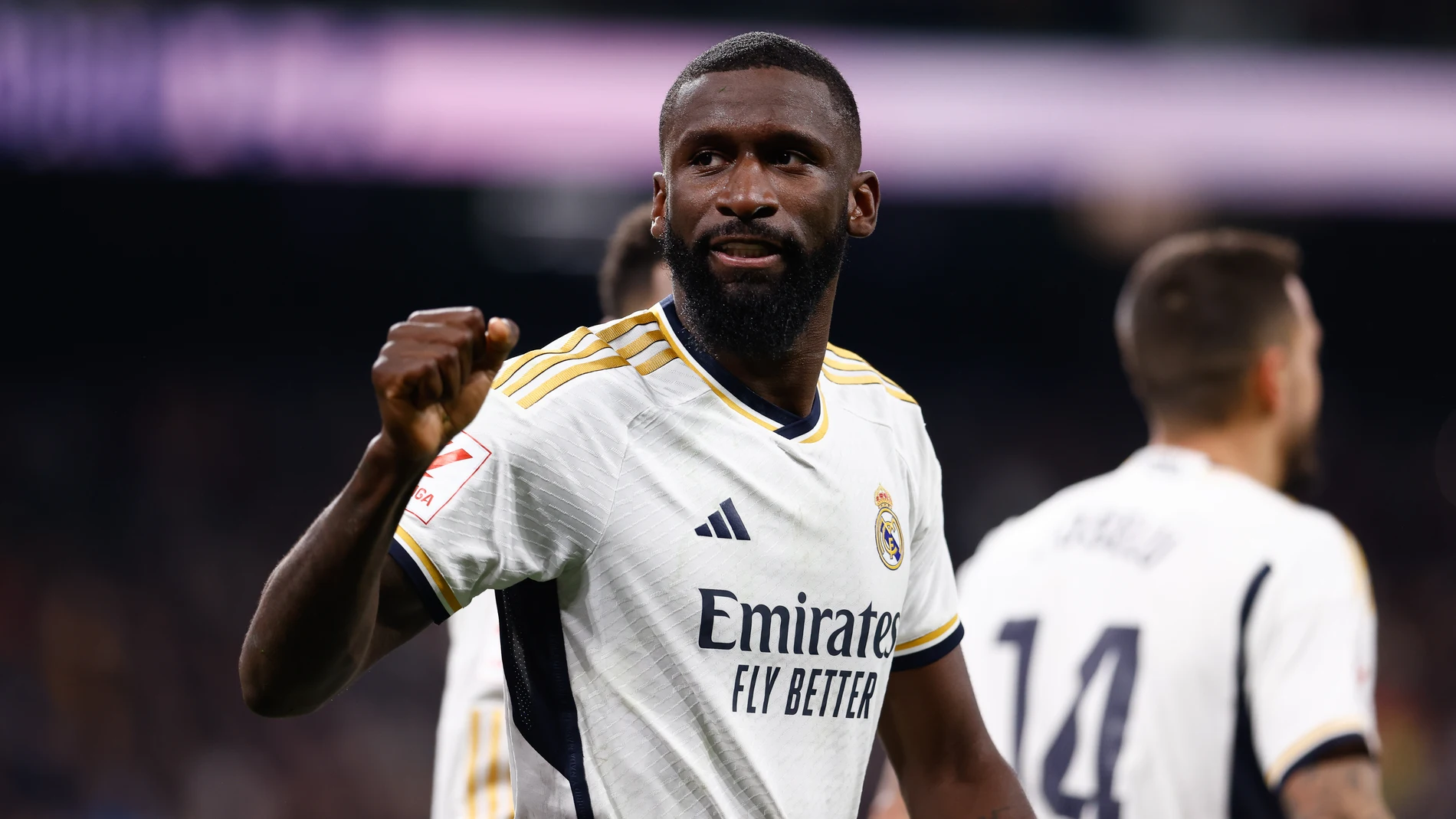 Antonio Rudiger of Real Madrid celebrates a goal during the Spanish League, LaLiga EA Sports, football match played between Real Madrid and RCD Mallorca at Santiago Bernabeu stadium on January 03, 2024, in Madrid, Spain.AFP7 03/01/2024 ONLY FOR USE IN SPAIN