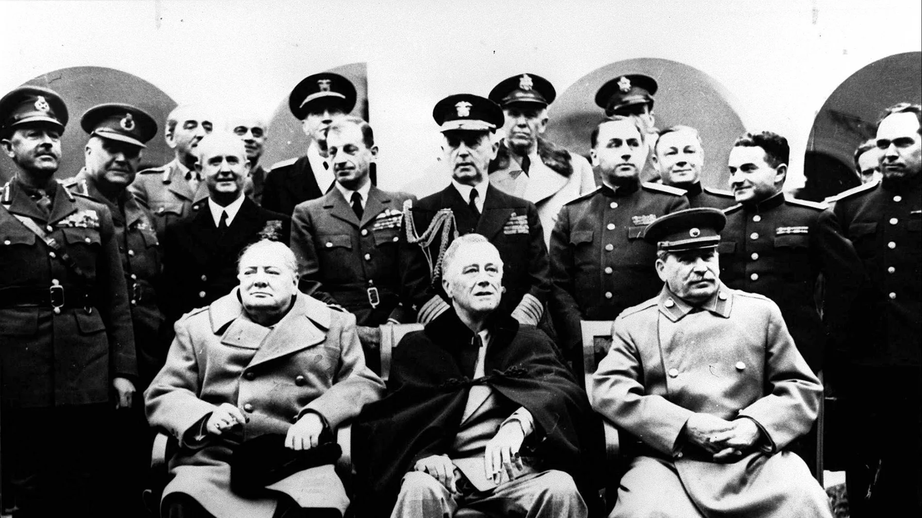 A February 1945 file photo of sitting from left, Winston Churchill, Franklin D. Roosevelt and Josef Stalin with their advisers at Yalta, in the Crimea, where the Allies decided the future of post-Second World War Europe.
