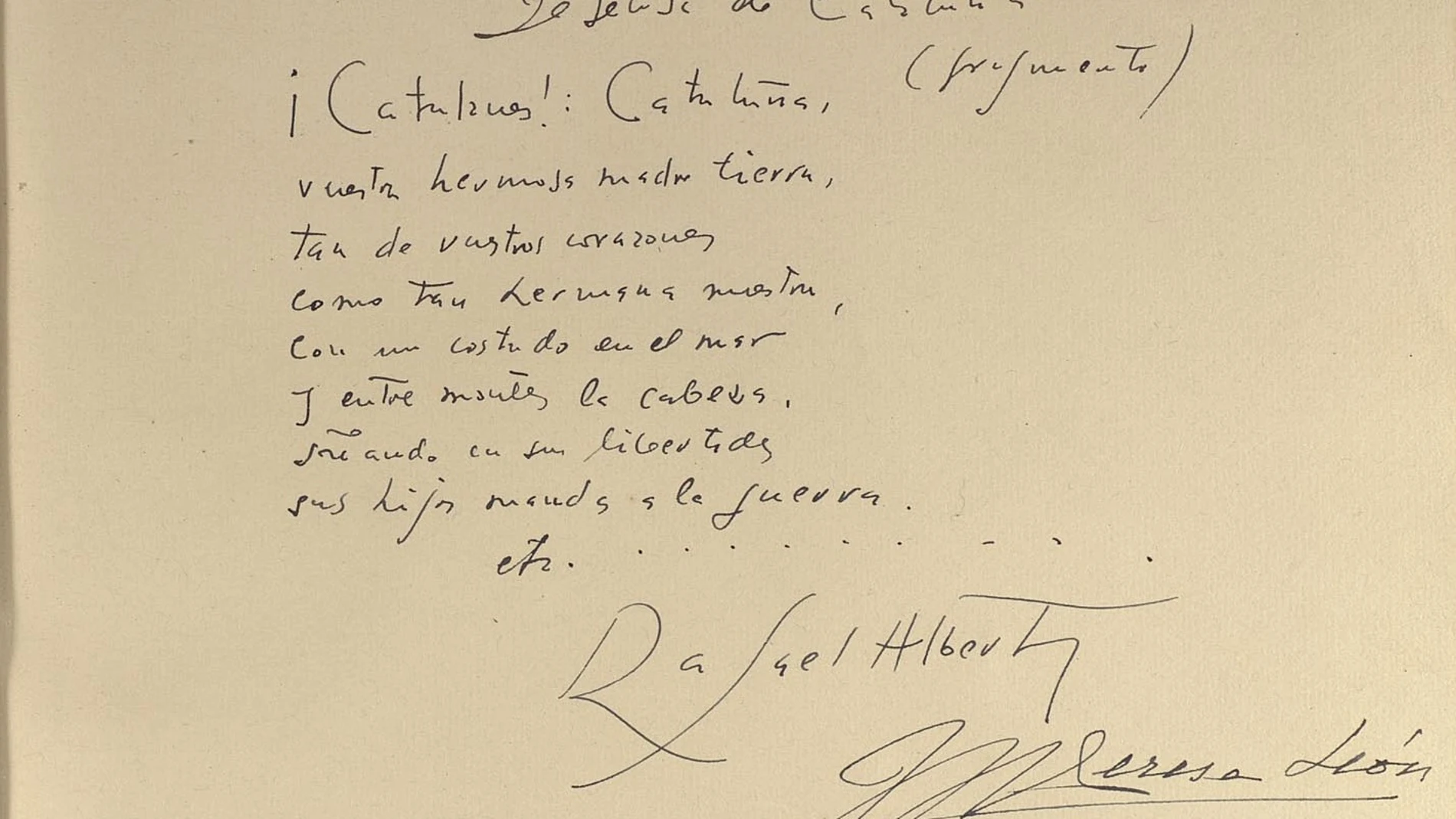 El poema de Rafael Alberti junto a la firma de María Teresa León