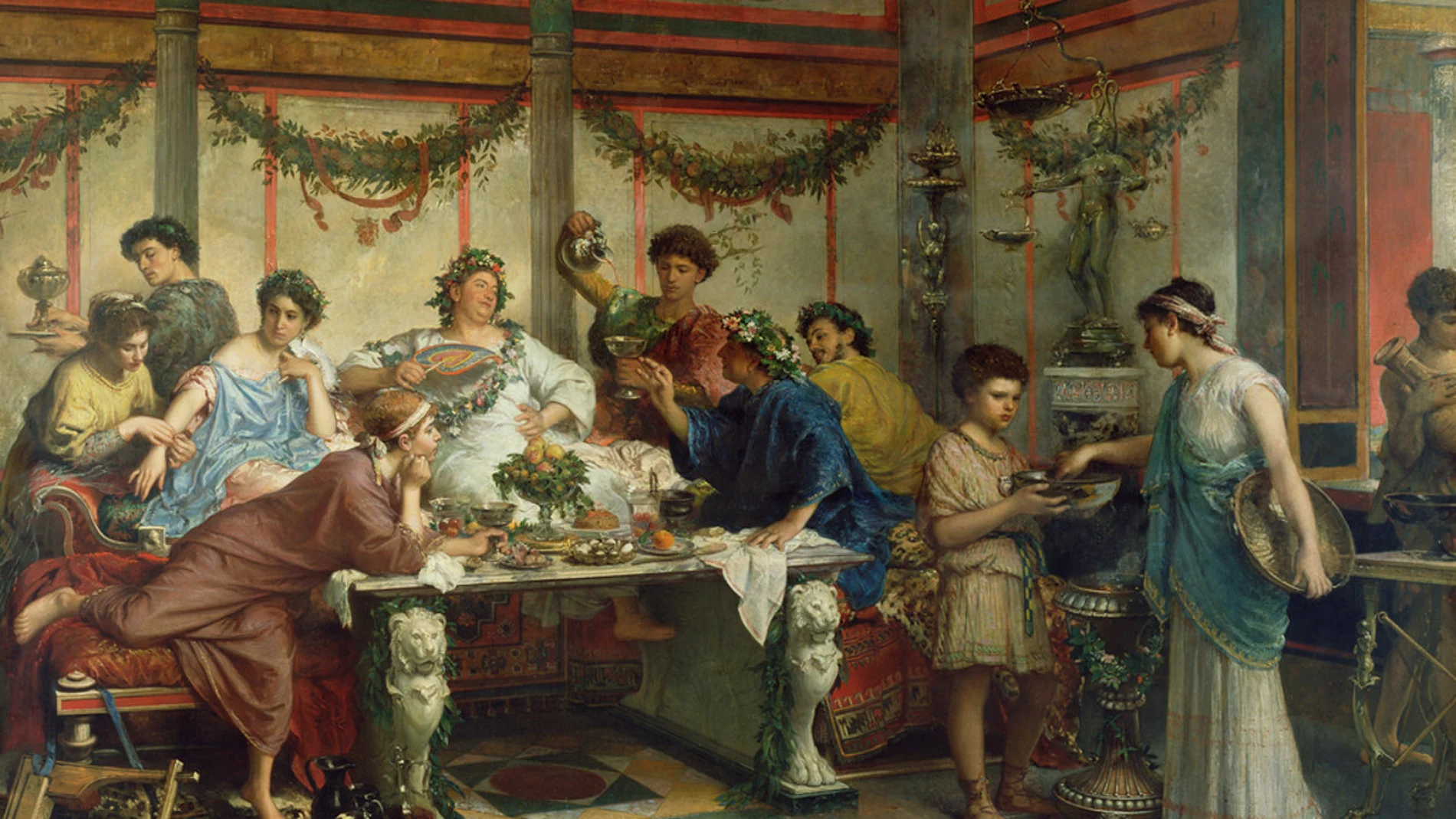En «Una fiesta romana» el pintor Roberto Bompiani refleja los lujos culinarios típicos de aquella época