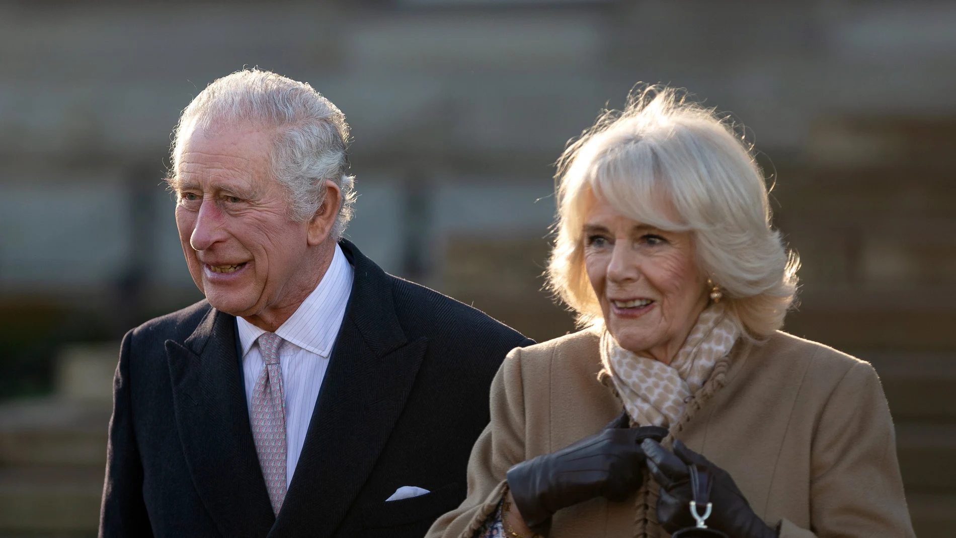 Britain's King Charles III (L) and Camilla, The Queen Consort (R) leave Bolton Town Hall in Bolton, Britain, 20 January 2023